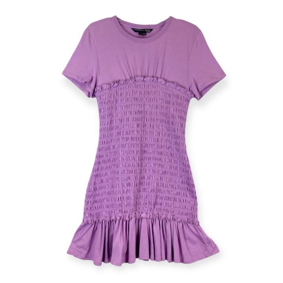 New Veronica Beard Tomlin Smocked Bodice Mini T-Shirt Dress in Violet Size L - Picture 2 of 13